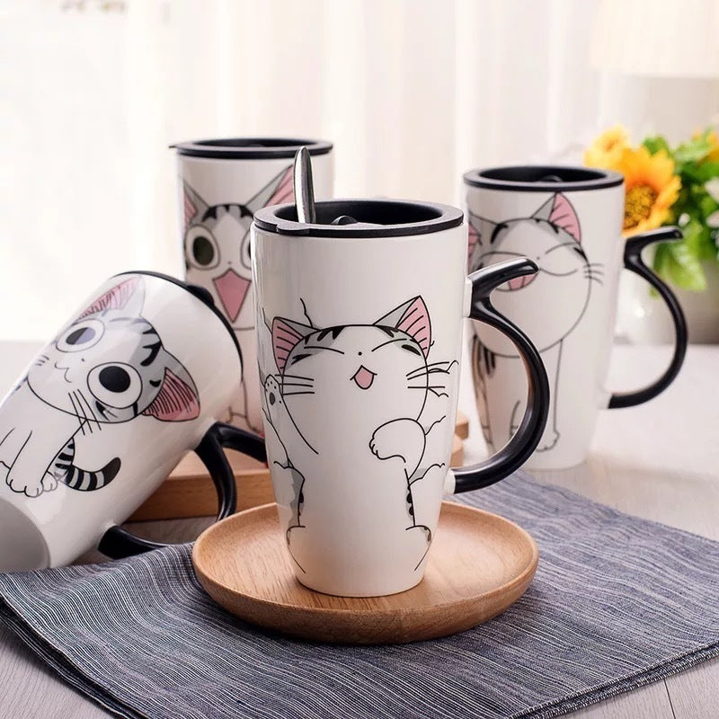 600ml Cute Cat Ceramics Coffee Mug With Lid