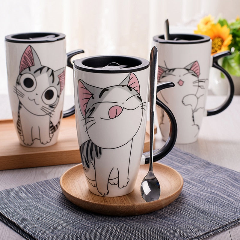 Cute Cat Style Ceramic Mugs with Lid & Spoon