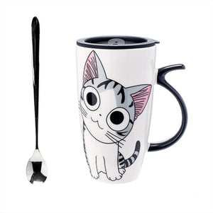 Cute Cat Style Ceramic Mugs with Lid & Spoon